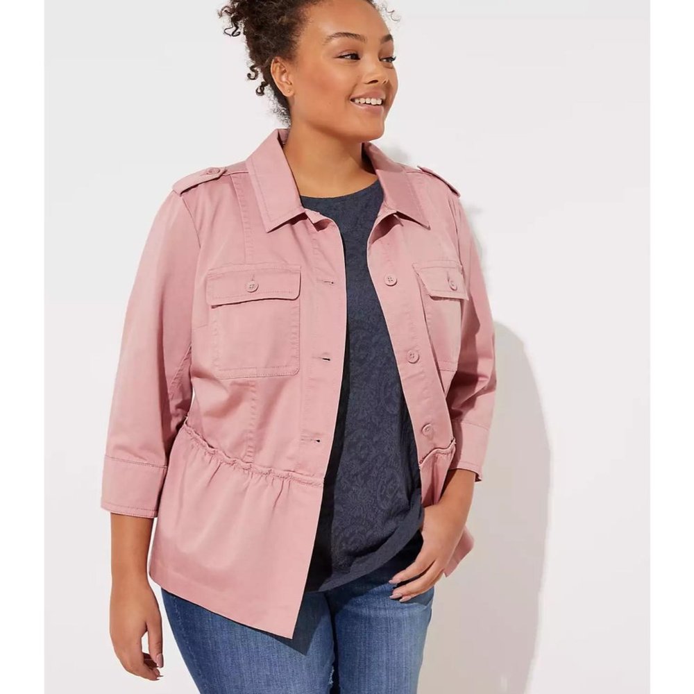 LOFT Plus Peplum Utility Jacket Pockets ¾ Sleeves 100% Cotton Size 18